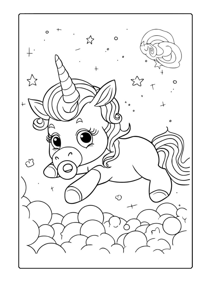 Kleurplaat Baby unicorn Spelen met wolken en sterren