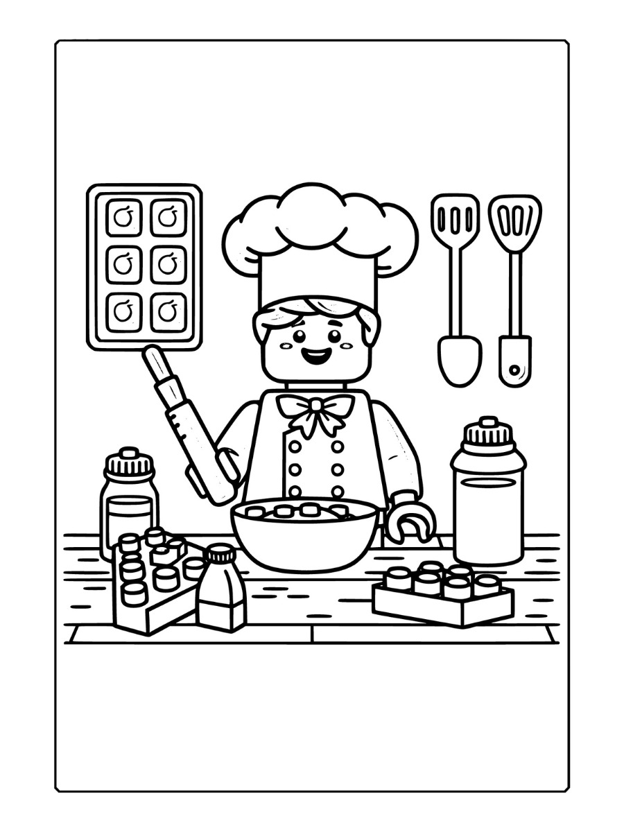 Kleurplaat van een LEGO chef kok die in de keuken bezig is en in een grote kom roert. De achtergrond is gevuld met keukengerei en ingrediënten, waardoor er veel kleurdetails zijn.