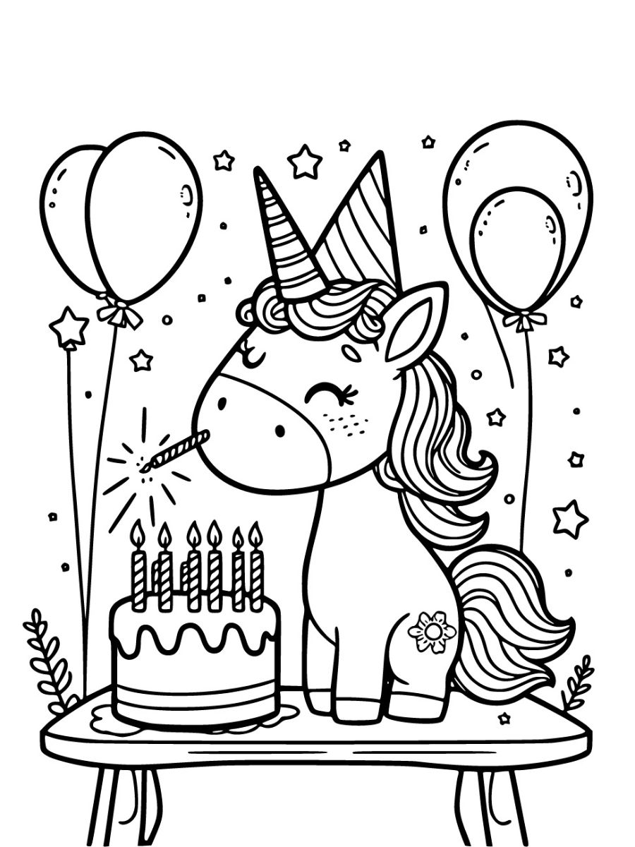 kleurplaat unicorn verjaardag gratis