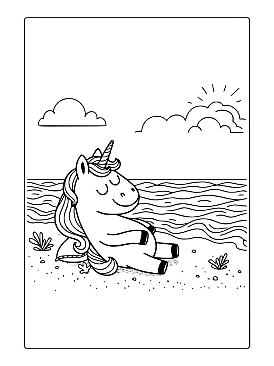 unicorn kleurplaat slaapt op het strand