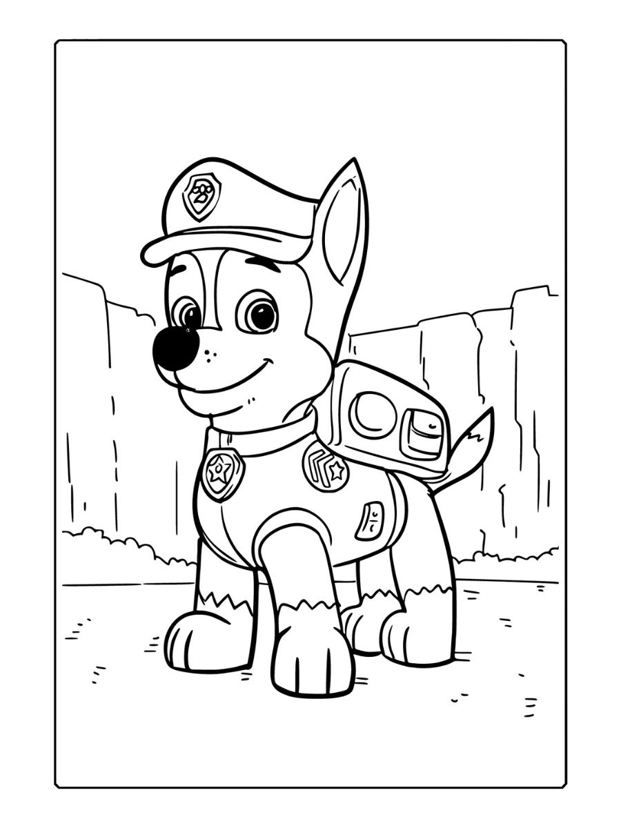 Chase Paw Patrol kleurplaat met politie-uniform en rugzak