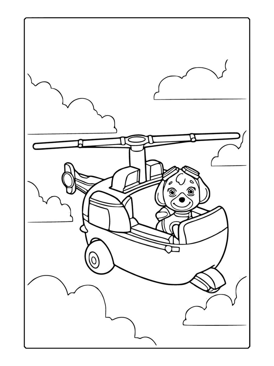 Kleurplaat Paw Patrol Skye in helikopter met wolken