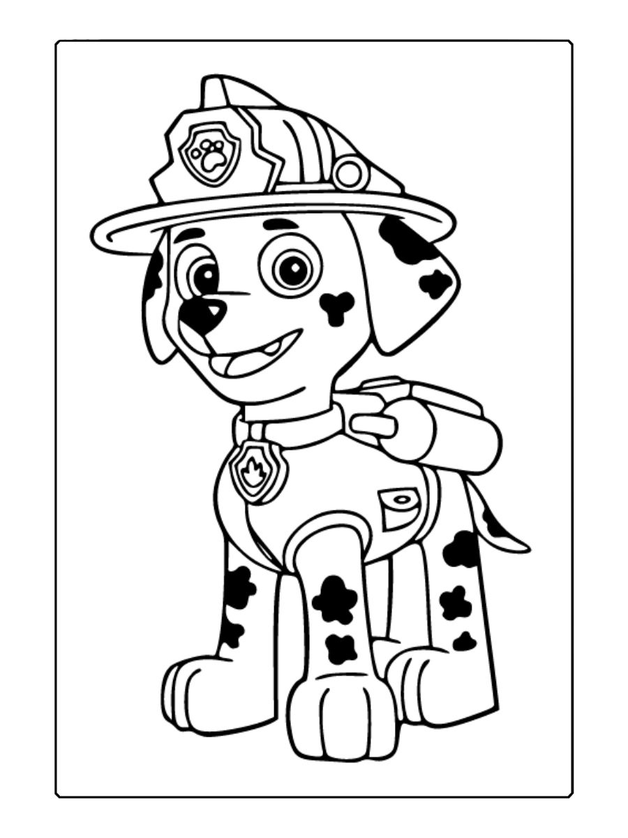 Kleurplaat Paw Patrol hond in brandweeruniform glimlachend