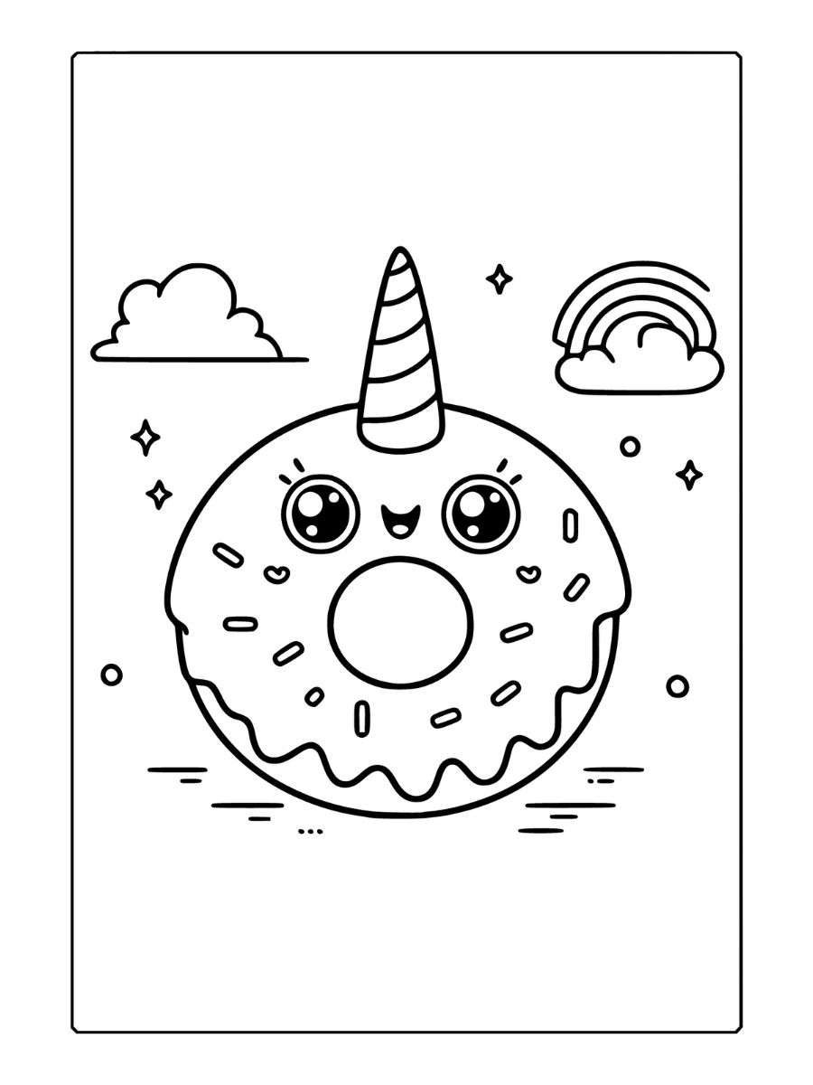 Kleurplaat donut unicorn met regenboog en wolken