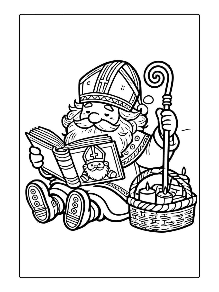 Kleurplaten Sinterklaas met boek en staf