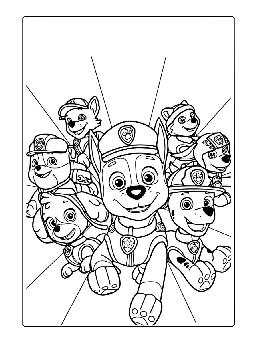 Paw Patrol kleurplaat van zes honden in uniform