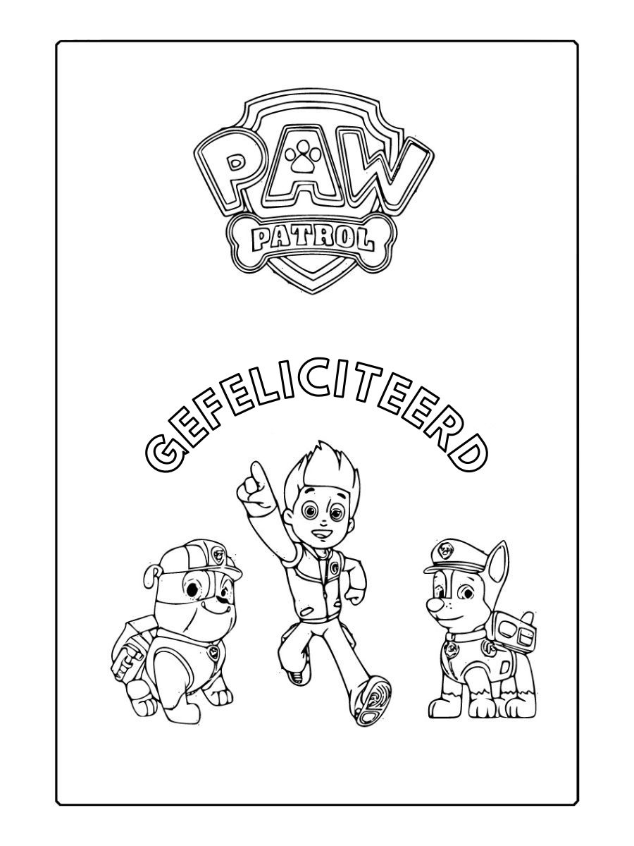 Paw Patrol kleurplaat verjaardag - Logo en drie karakters