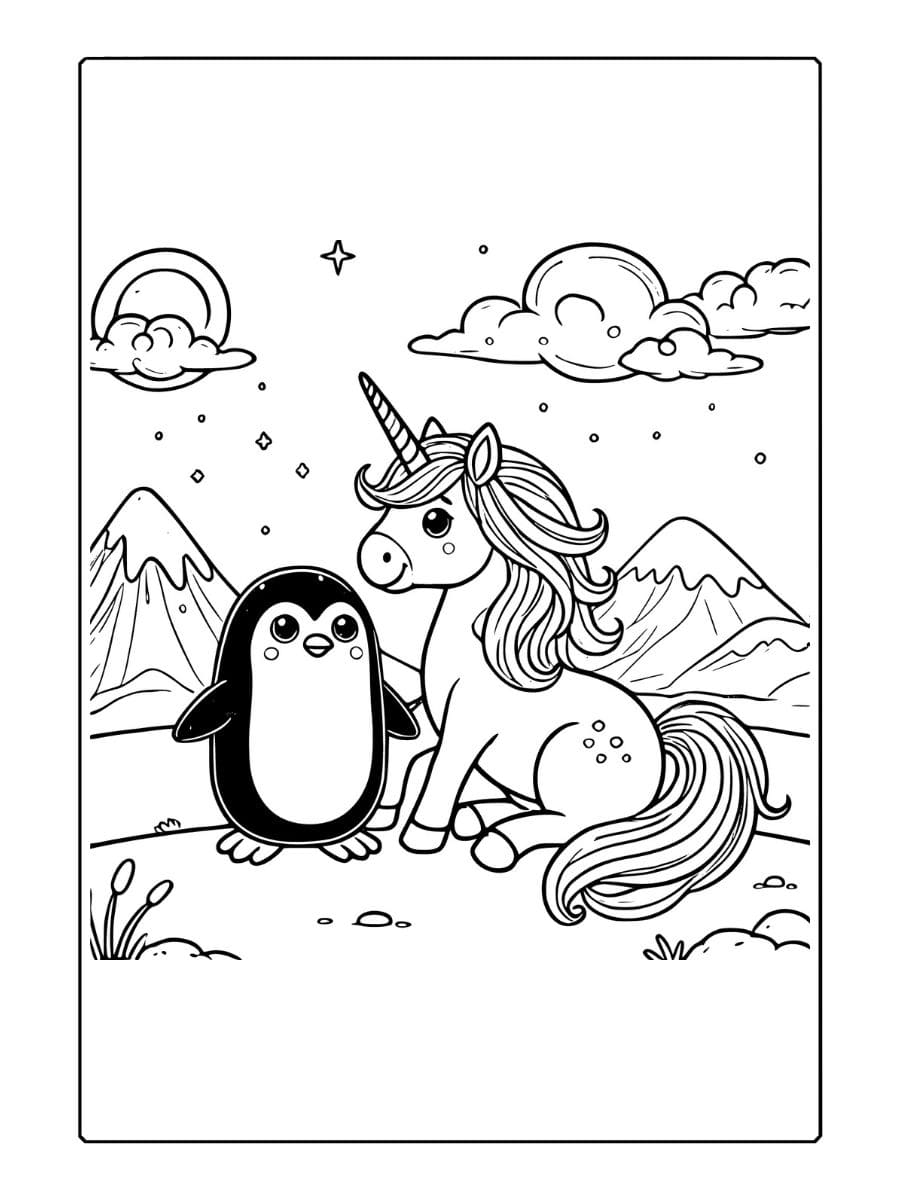 unicorn kleurplaat en de pinguïn