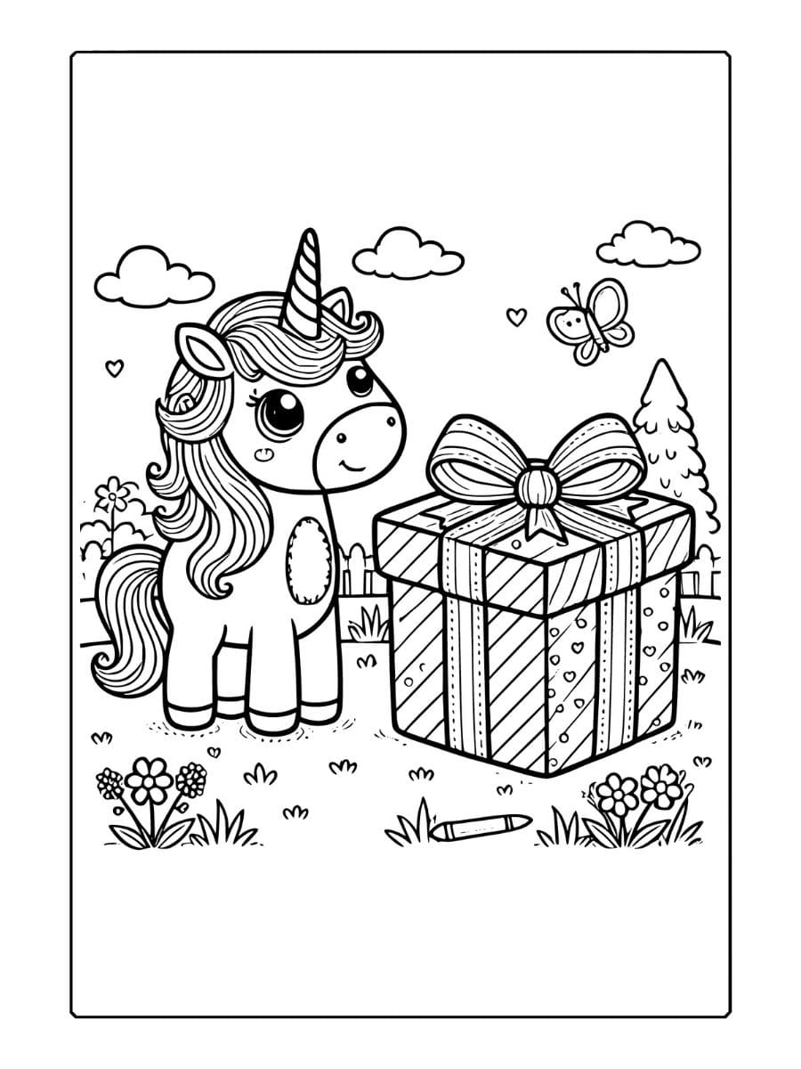 unicorn kleurplaat en grote geschenkdoos