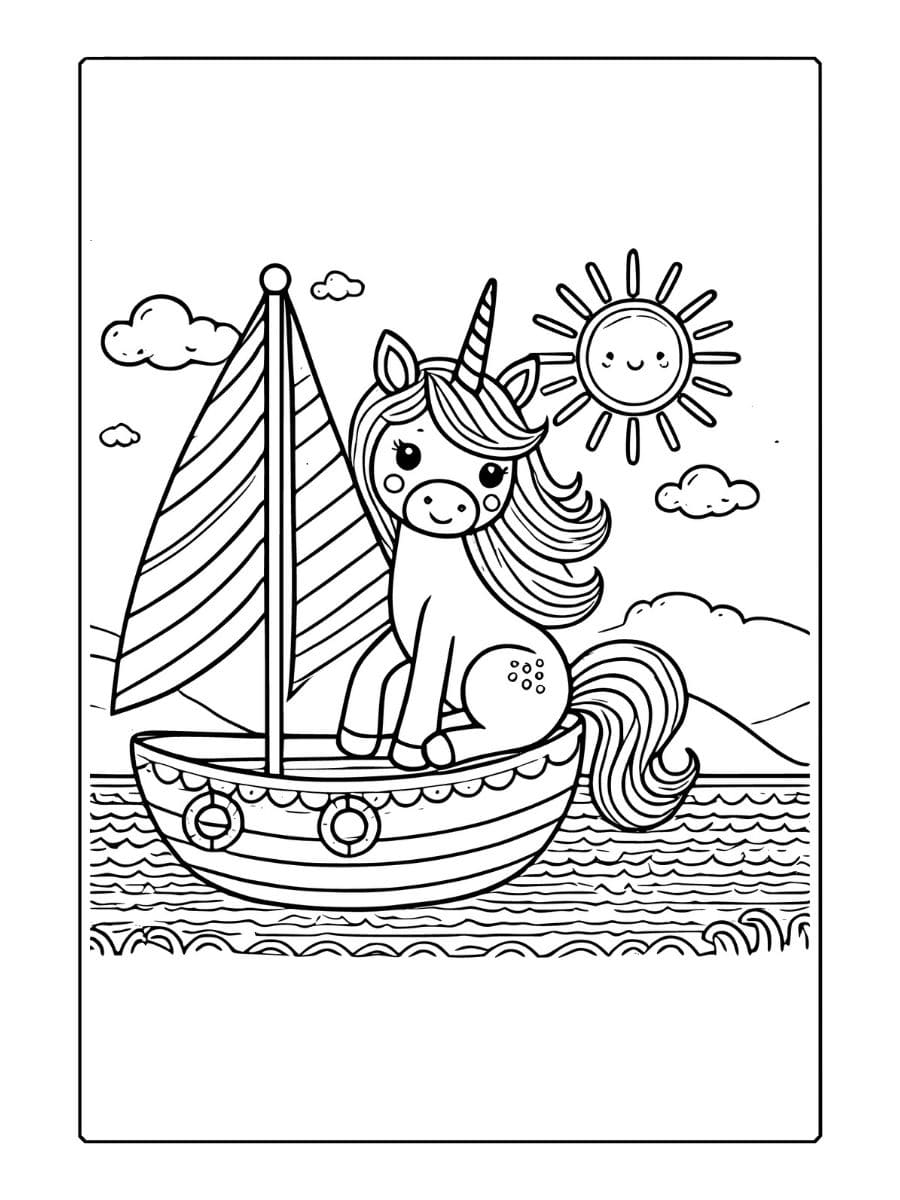 unicorn kleurplaat op de boot