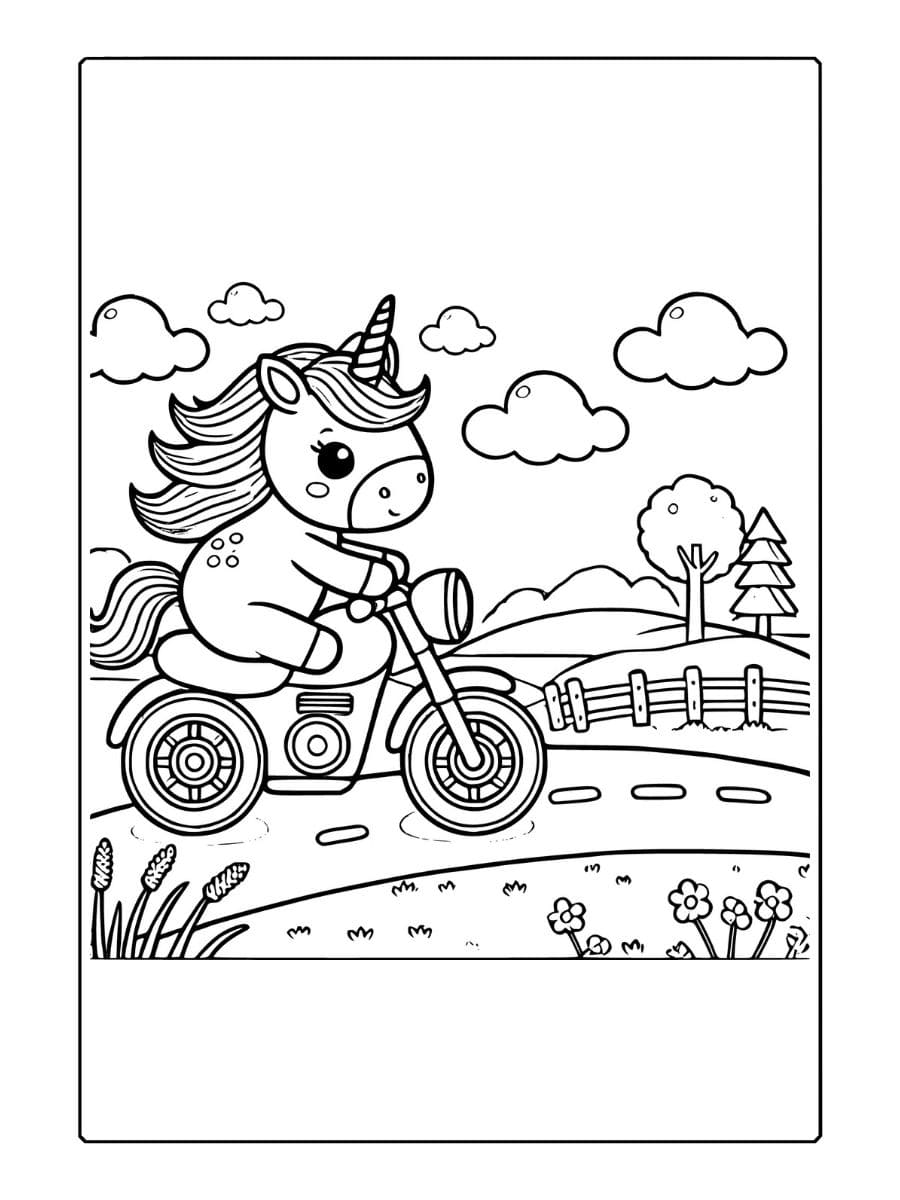 unicorn kleurplaat op een motorfiets voor een wandeling