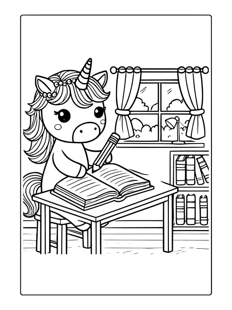 unicorn kleurplaat schrijft boeken