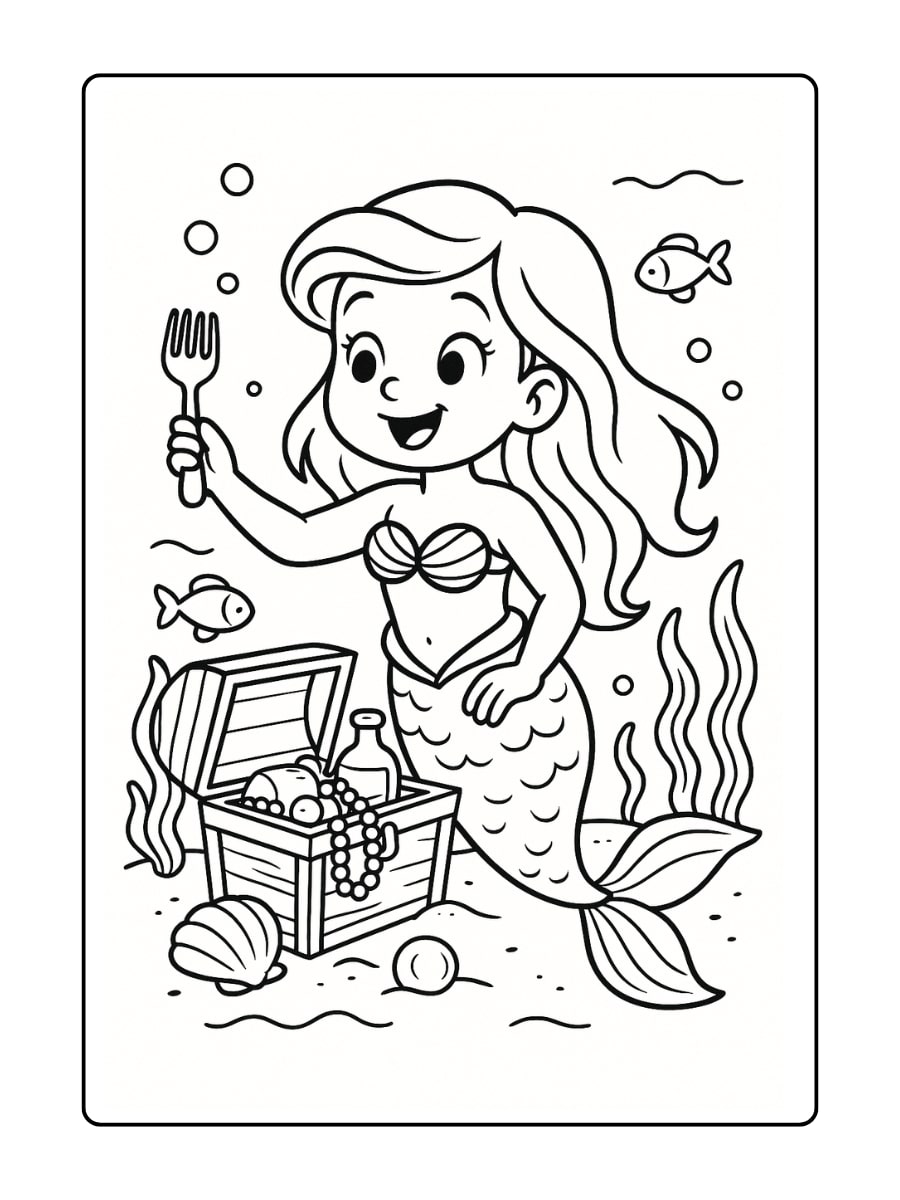 Ariel speelt met schelpen en zeesterren op de zeebodem.
