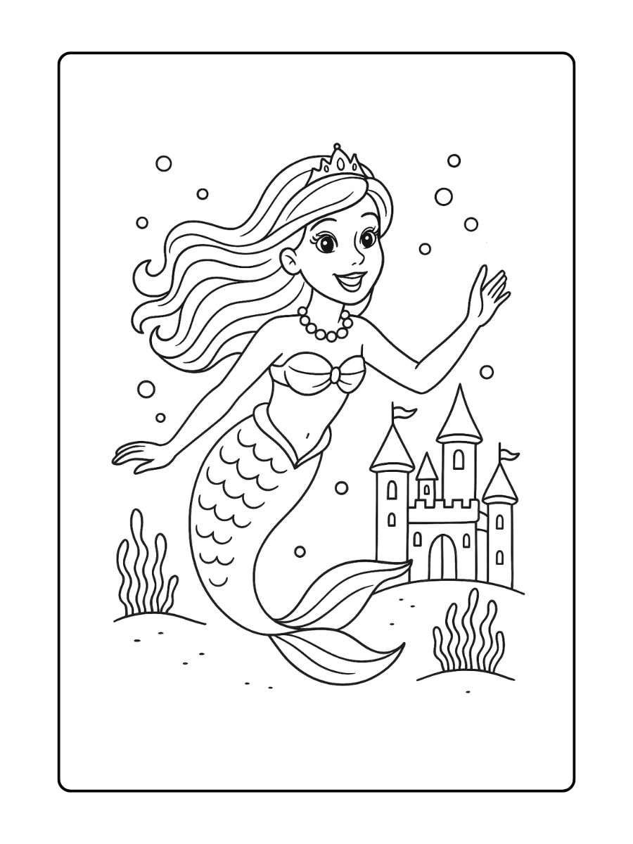 Barbie als zeemeermin zwemt vlak bij een onderwaterkasteel.