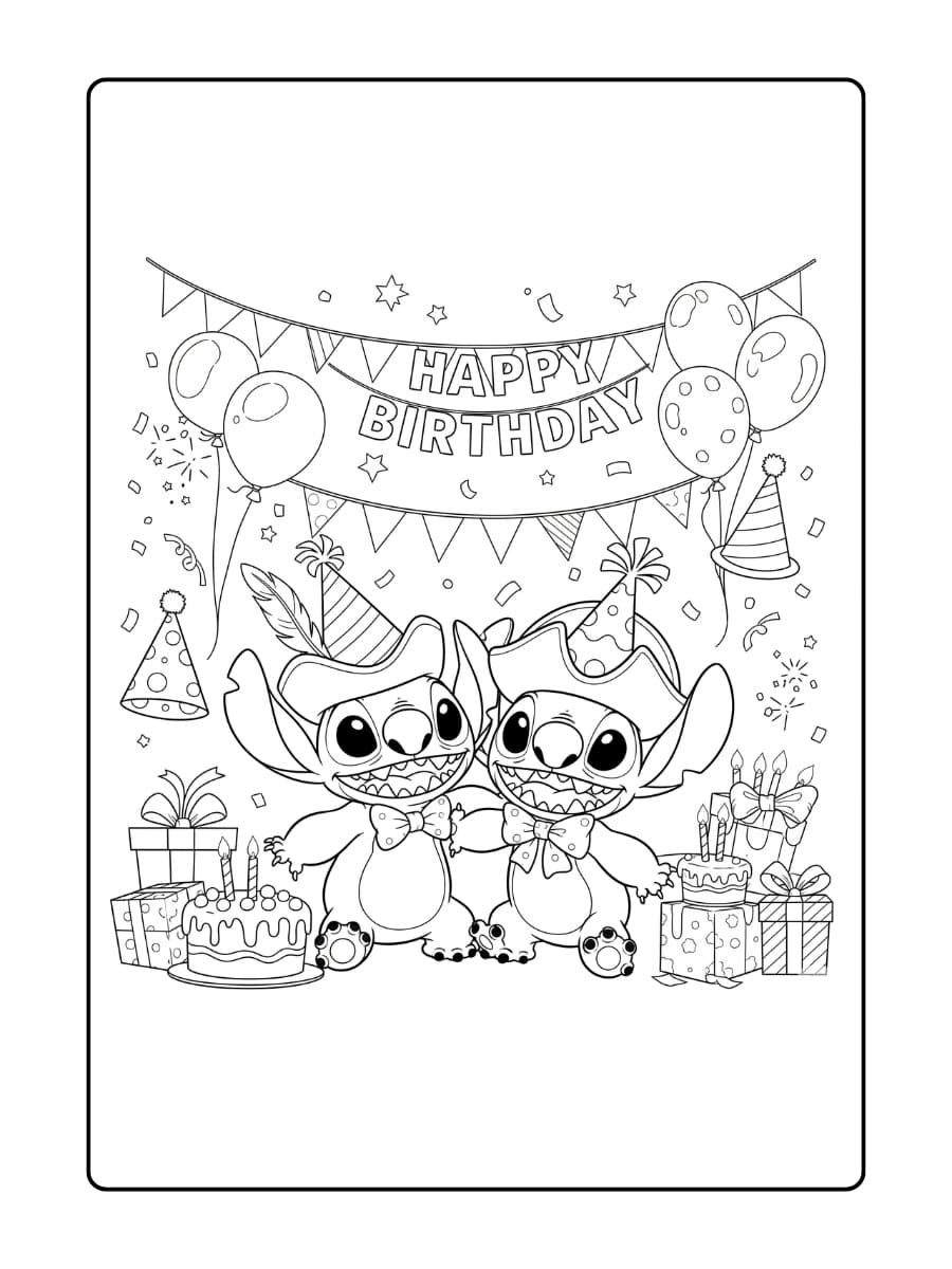 Stitch en Angel dragen grappige, kleurrijke kostuums en zijn klaar voor een vrolijk themafeestje.