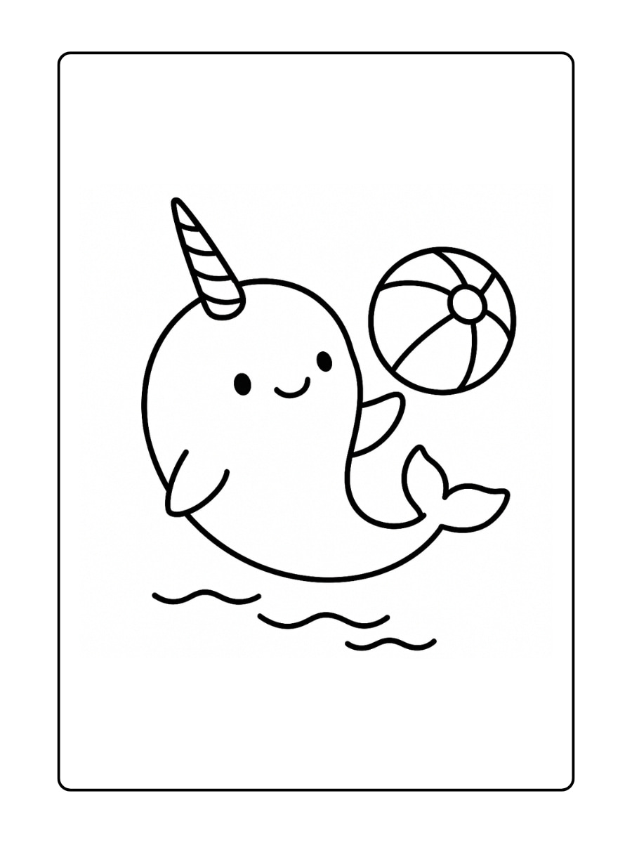 Een babynarwal speelt met een strandbal.