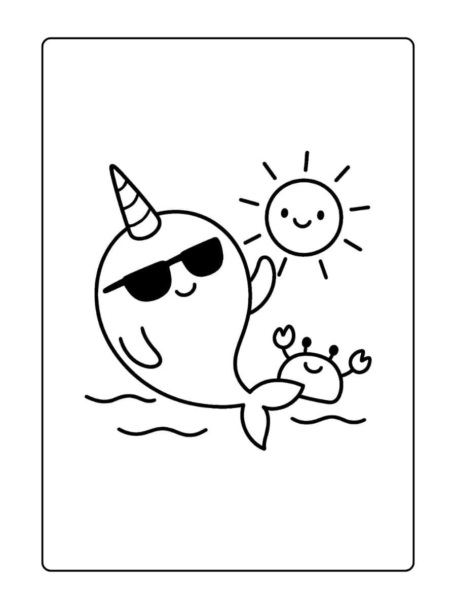 kleurplaat van een narwal met zonnebril die zich ontspant in de zon
