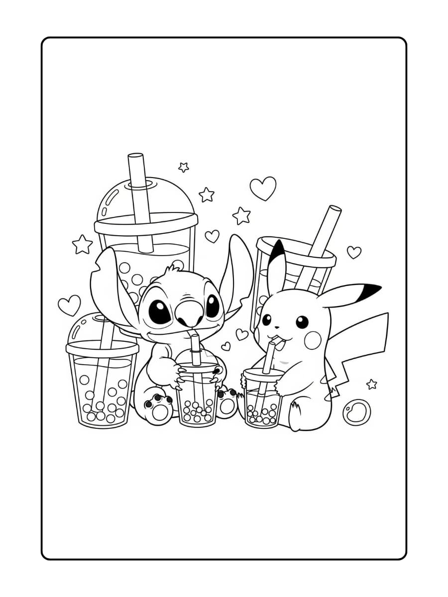 Stitch en Pikachu zitten samen en drinken ontspannen boba-thee met vrolijke gezichtjes op de bekers.