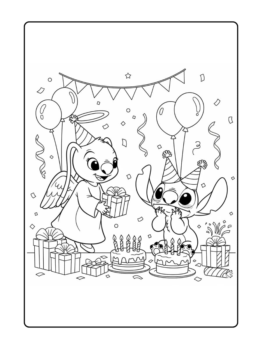 Angel overhandigt een ingepakt verjaardagscadeau aan Stitch, die verrast bloost van blijdschap.