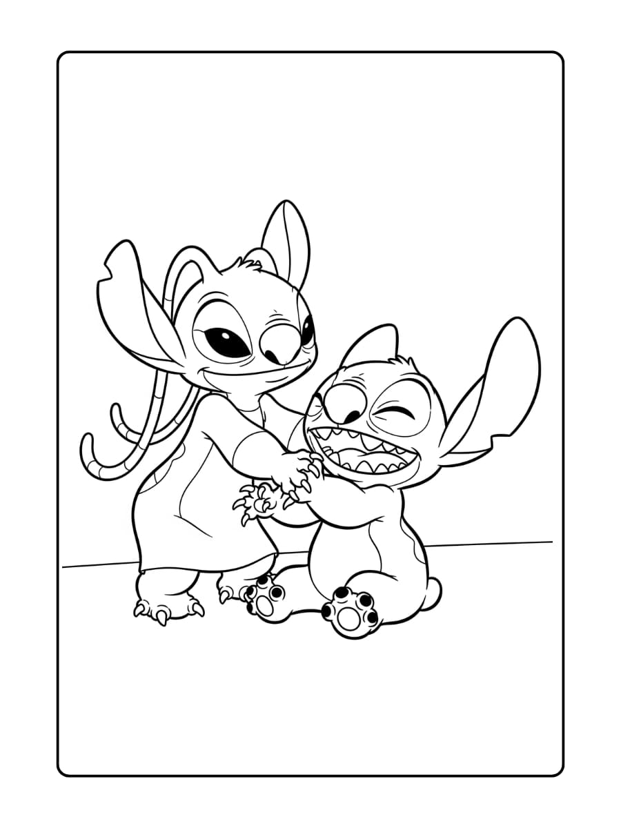 Angel kietelt Stitch, en ze lachen samen vrolijk.