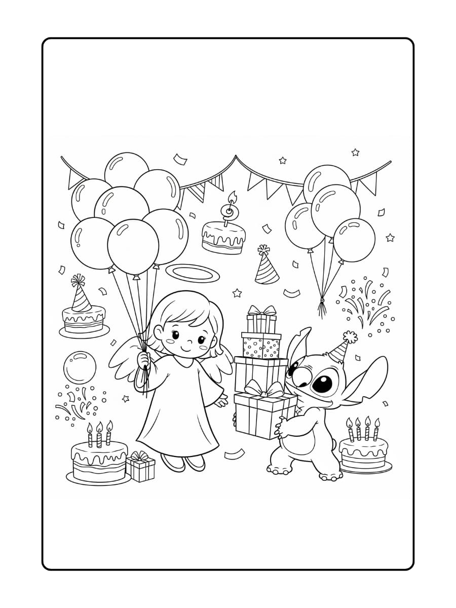 Engel houdt een bos ballonnen vast terwijl Stitch een grote stapel cadeautjes draagt