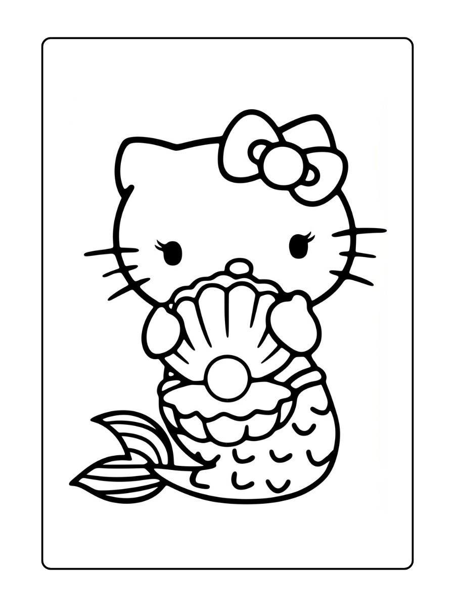 Hello Kitty als zeemeermin houdt een magische parel vast.