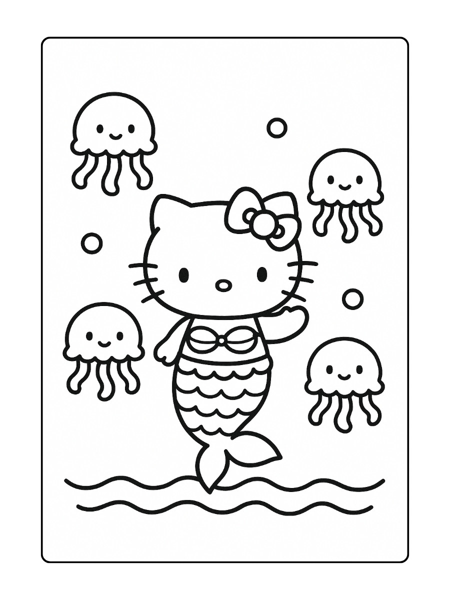 kleurplaat Hello Kitty als zeemeermin met een groepje vriendelijke kwallen in de zee