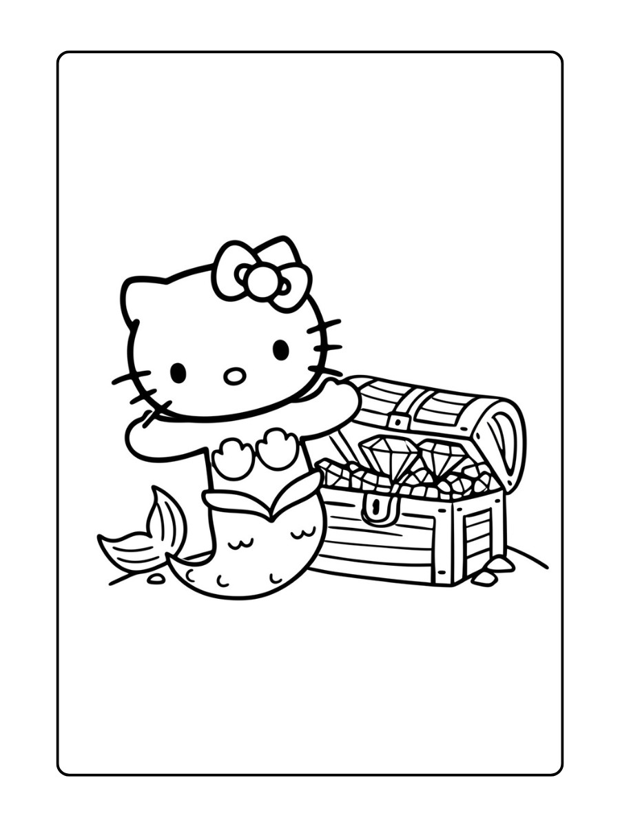 kleurplaat Hello Kitty als zeemeermin naast een schatkist vol juwelen