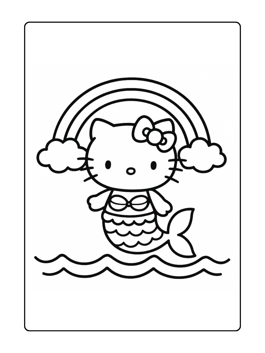 kleurplaat Hello Kitty als zeemeermin onder een regenboog boven de zee