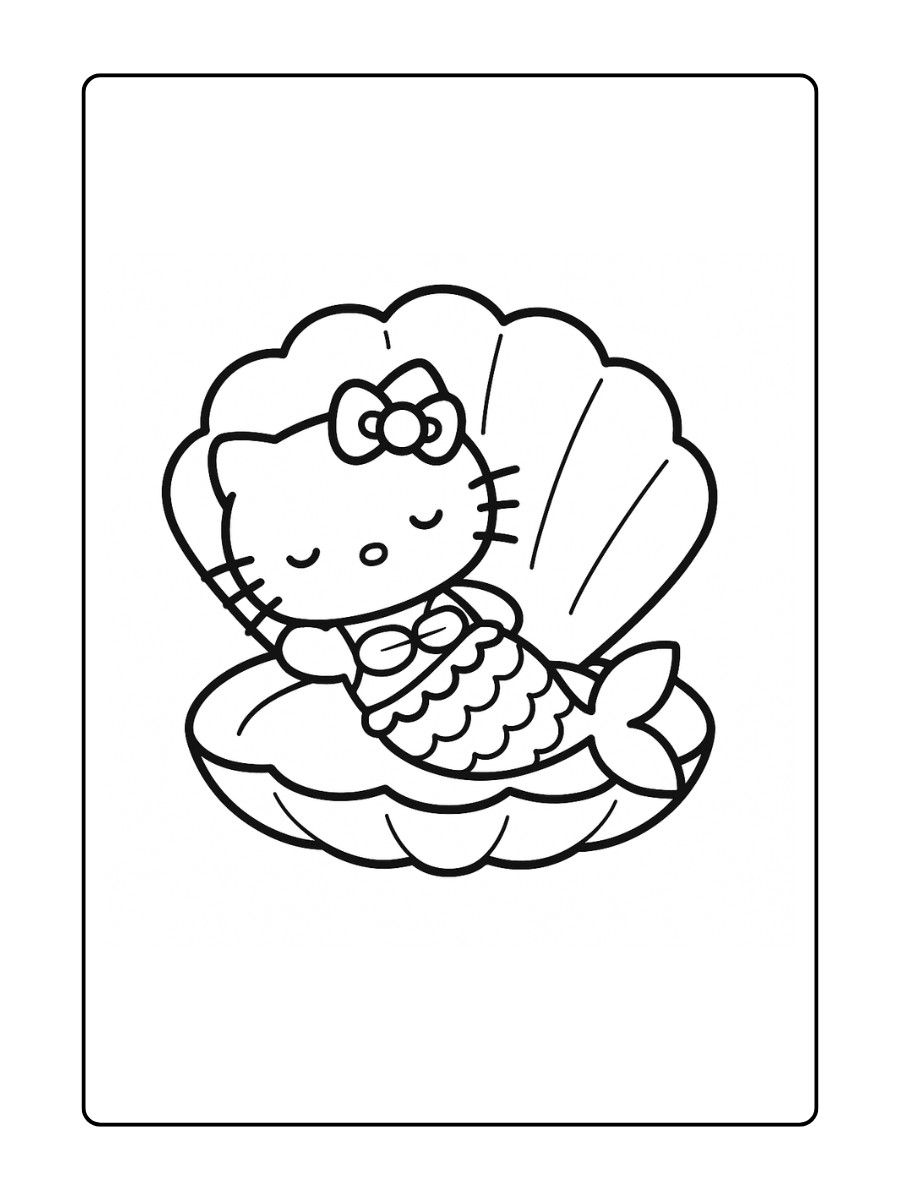 kleurplaat Hello Kitty als zeemeermin rustend in een schelpenbed
