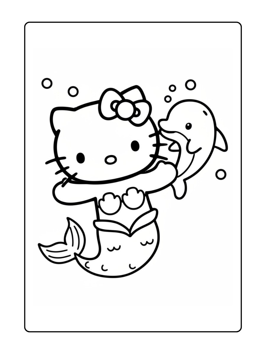 Hello Kitty als zeemeermin speelt met een babydolfijn.