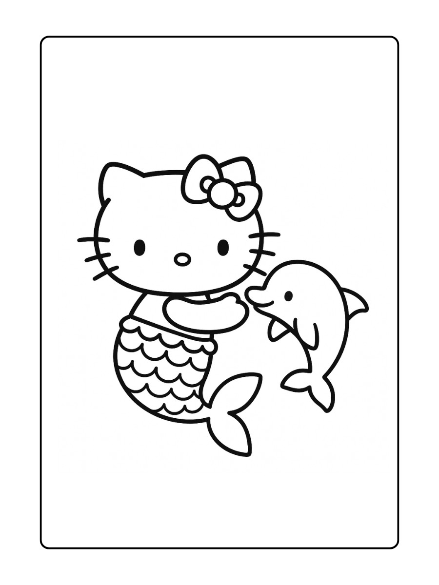 kleurplaat Hello Kitty als zeemeermin die speelt met een babydolfijn