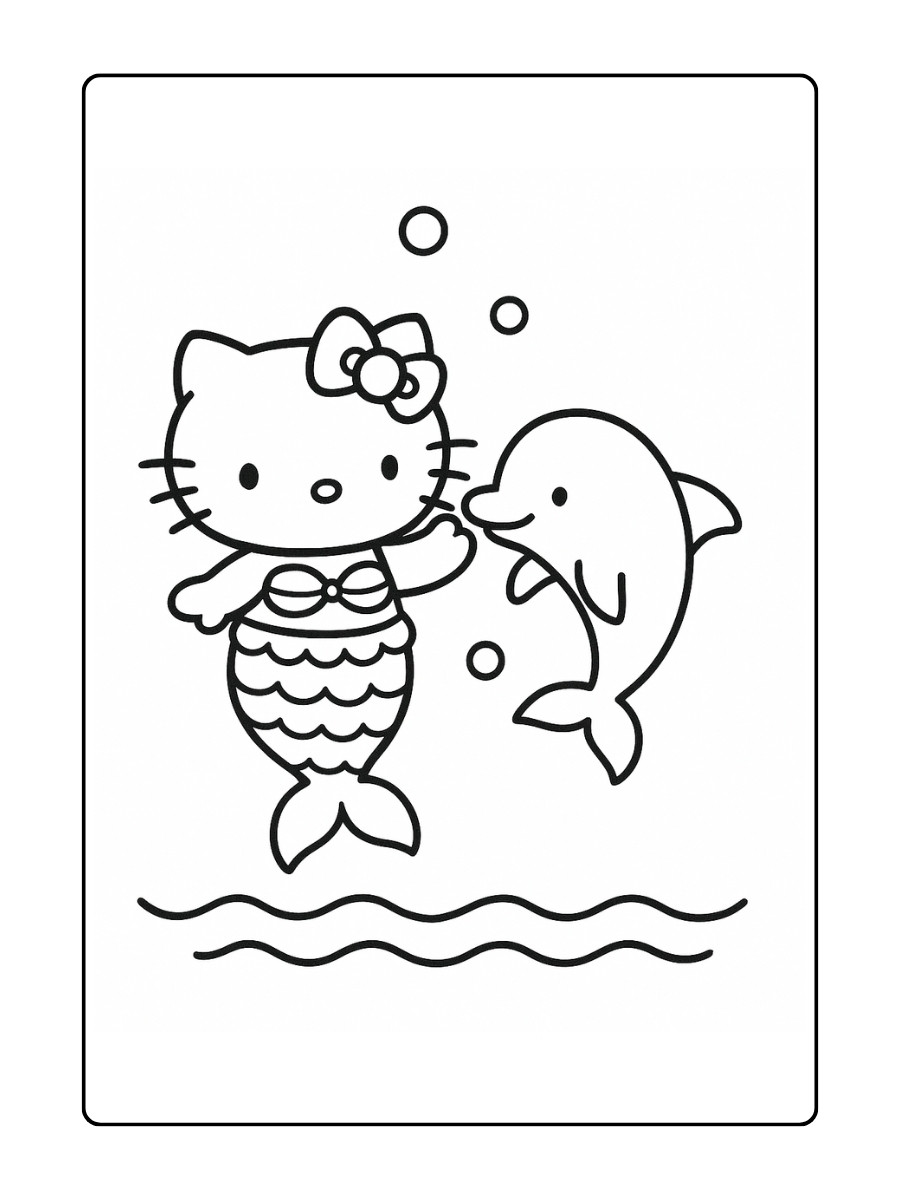 kleurplaat Hello Kitty als zeemeermin die speelt met een vrolijke dolfijn