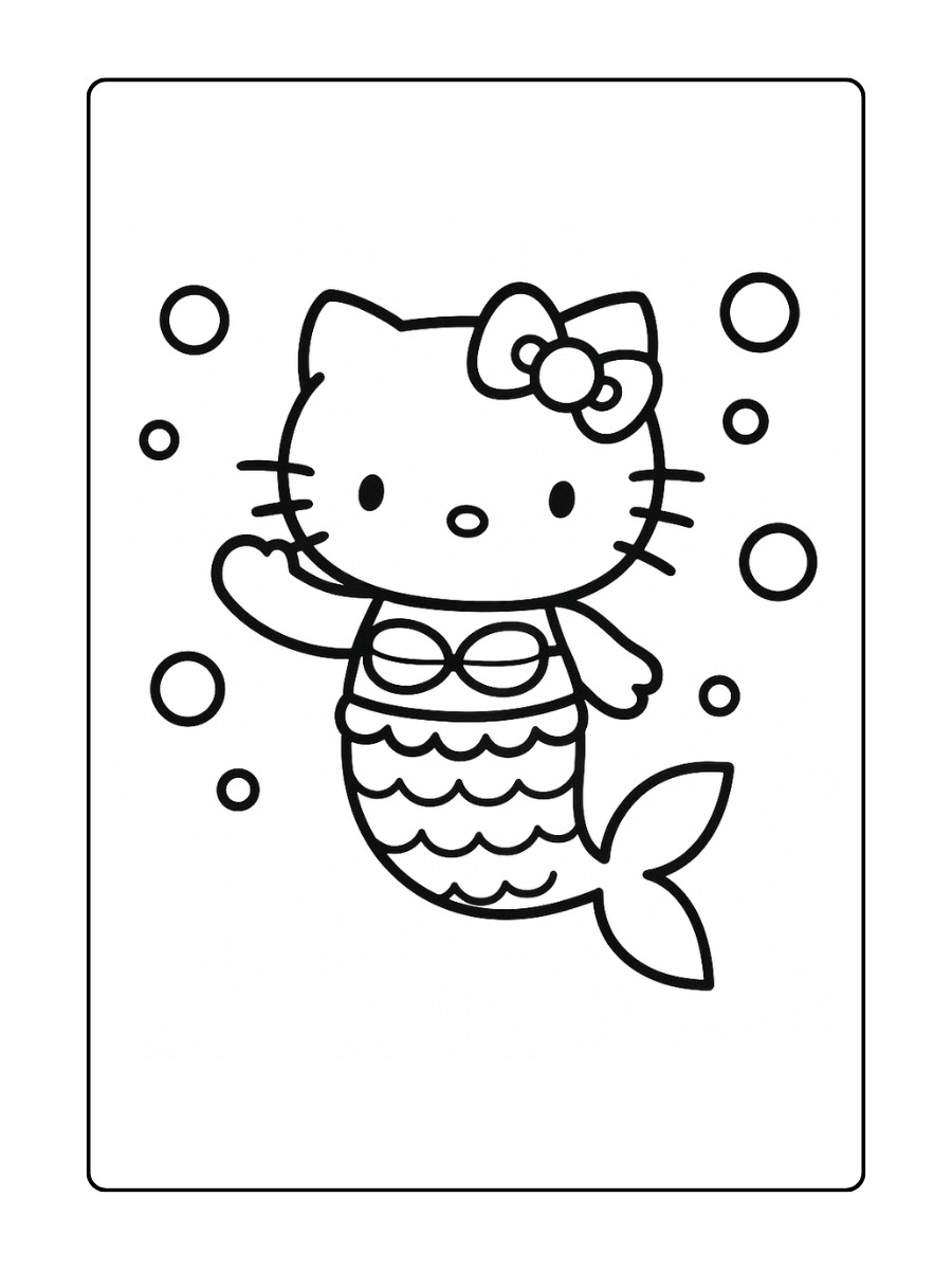 kleurplaat Hello Kitty als zeemeermin die zwaait met rondzwevende bubbels in het water