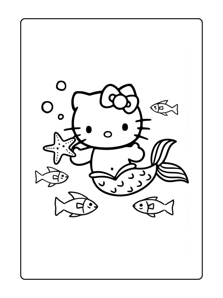 Hello Kitty als zeemeermin zwemt met vriendelijke vissen om haar heen.