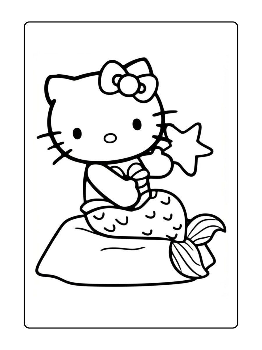 kleurplaat Hello Kitty als zeemeermin zittend op een rots met een zeester in haar hand