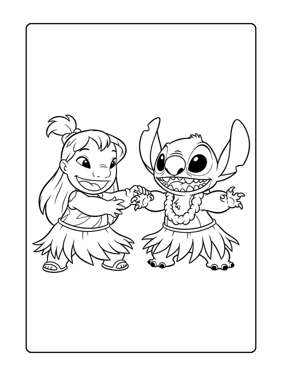 Lilo en Stitch dansen vrolijk samen de hula met bloemenkransen.