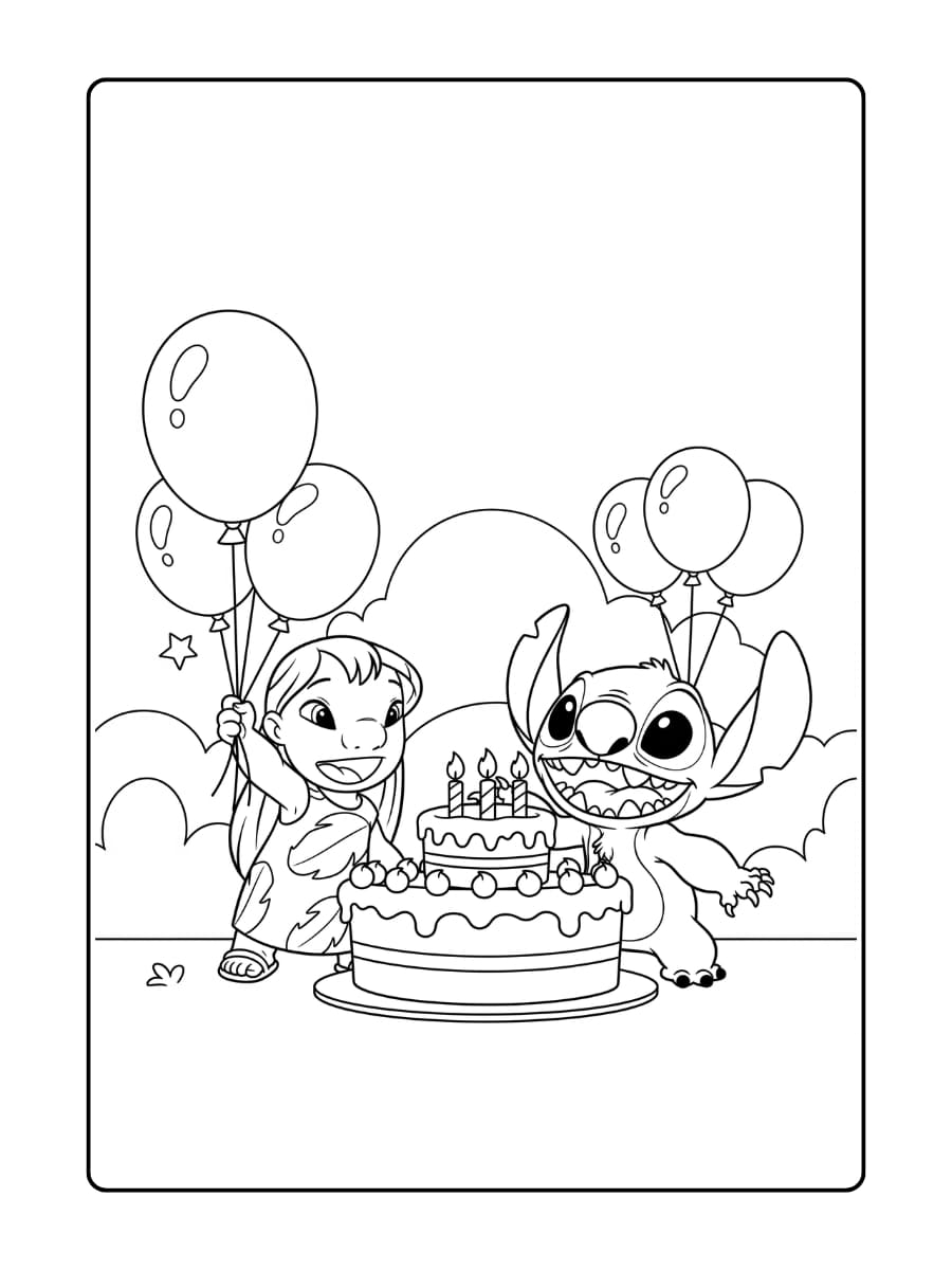 Lilo en Stitch vieren vrolijk hun verjaardag met ballonnen en een grote verjaardagstaart.