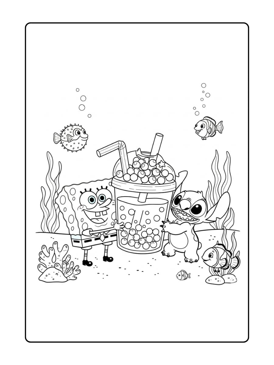 SpongeBob en Stitch delen boba-thee met onderwaterbubbels en zeedieren.
