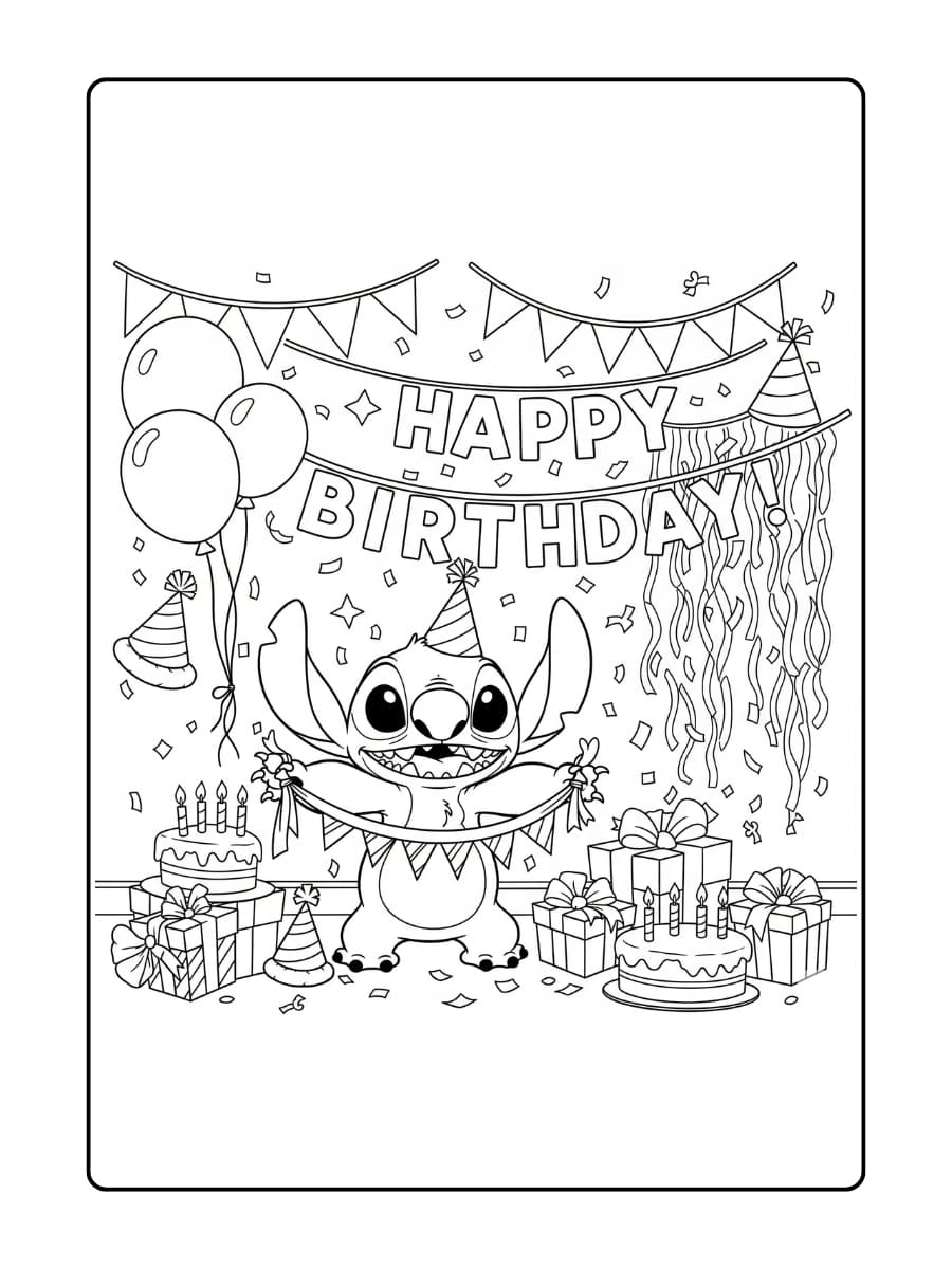 Stitch hangt slingers op en bevestigt een banner met de tekst "Happy Birthday" in een kamer vol feestdecoraties.