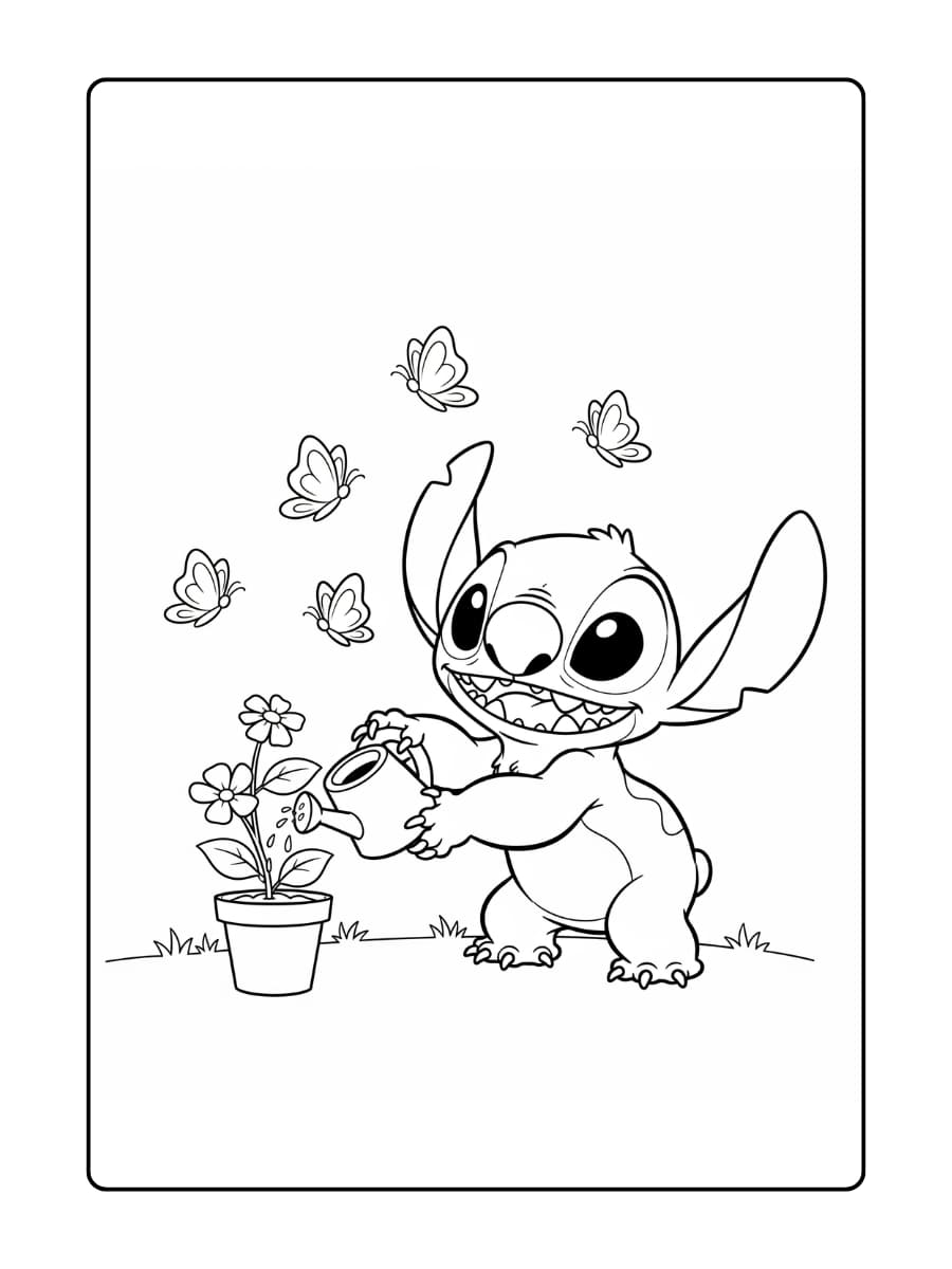 Stitch geeft een klein plantje in een bloempot water terwijl vlinders om hem heen fladderen.