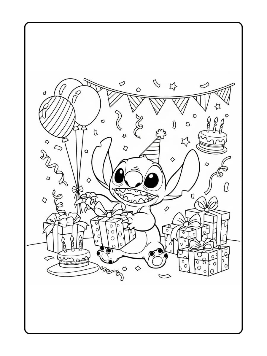 Stitch opent een ingepakt cadeau en kijkt verrast en blij naar wat erin zit.