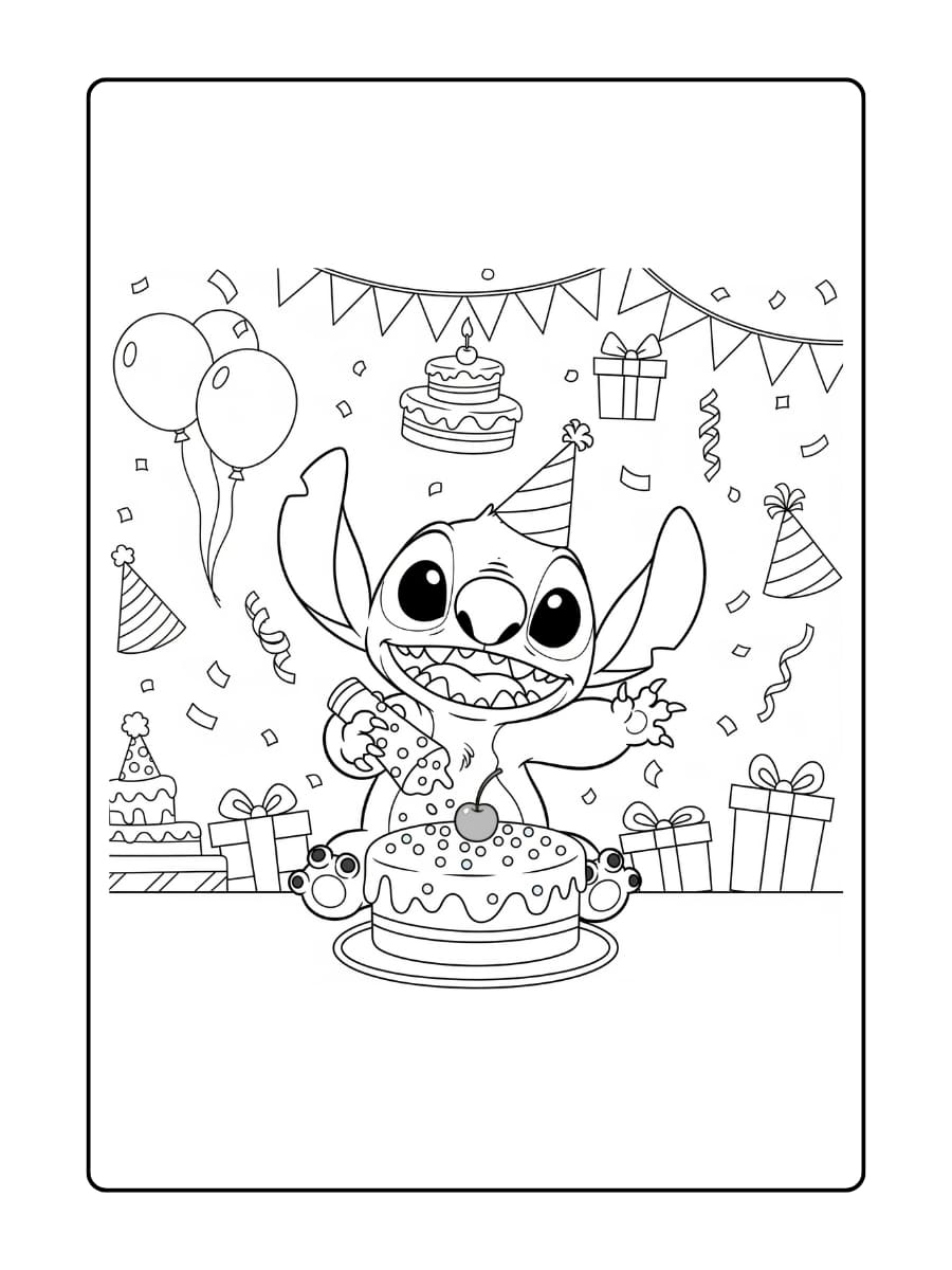 Stitch is een taart aan het versieren met kleurrijke sprinkles en plaatst voorzichtig een kers bovenop.