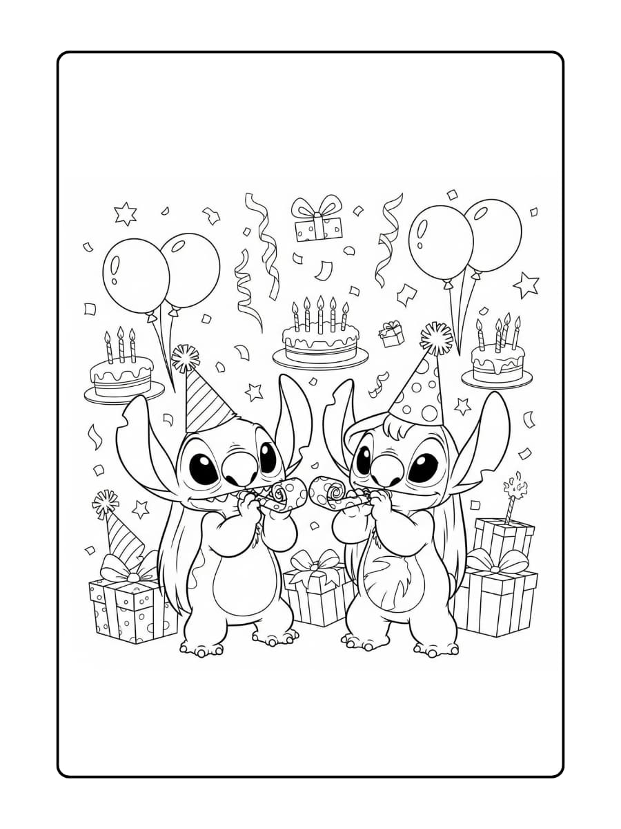 Stitch en Lilo dragen feestmutsen en houden feesttoeters vast terwijl ze samen vrolijk feestvieren.