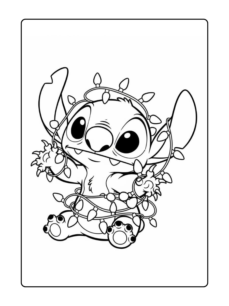 Stitch zit verstrikt in kleurrijke kerstverlichting met een verbaasde blik