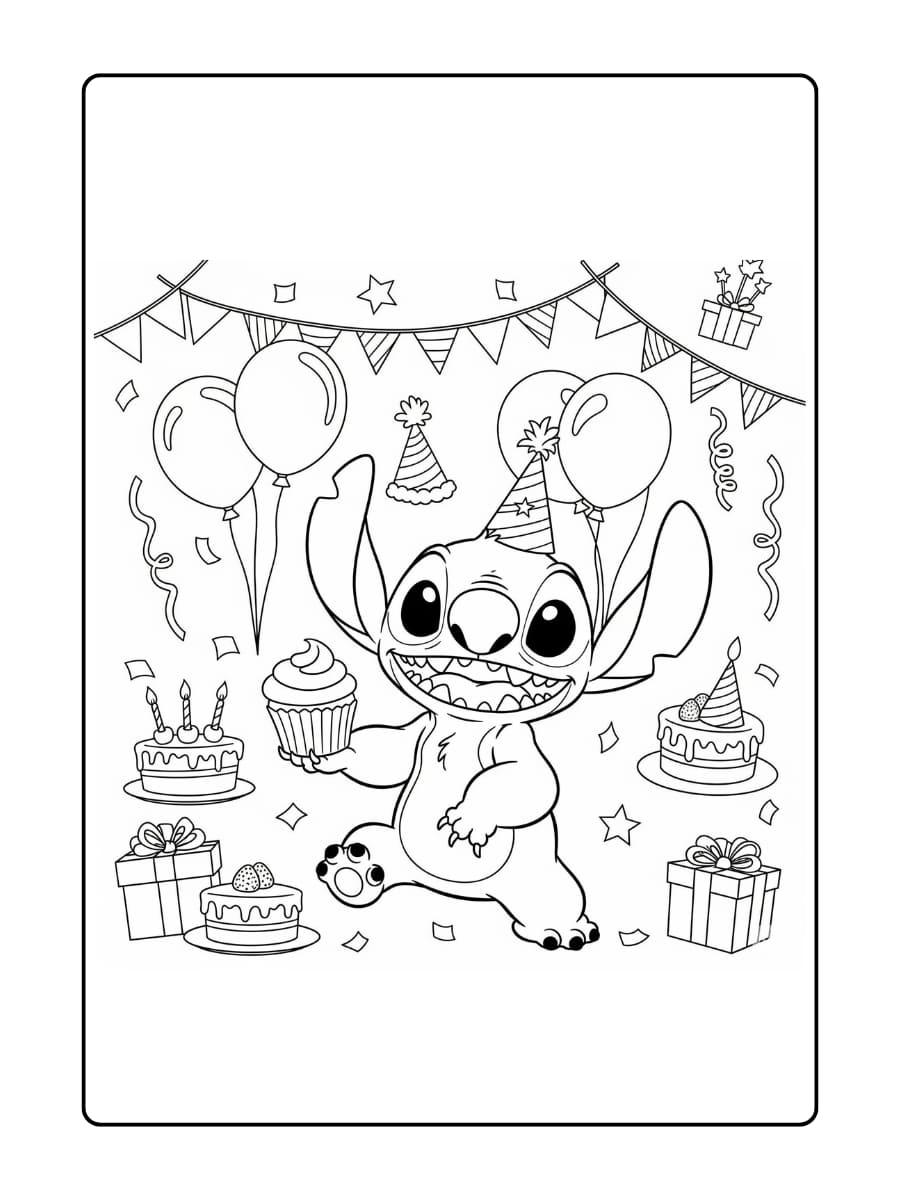Stitch houdt een cupcake vast in zijn hand en glimlacht breed van plezier.