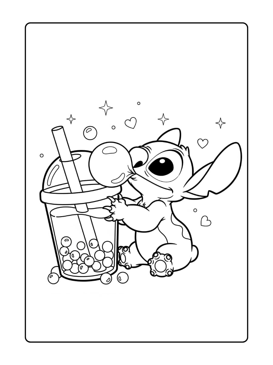 Stitch blaast belletjes uit de boba-theekop alsof het kauwgom is.