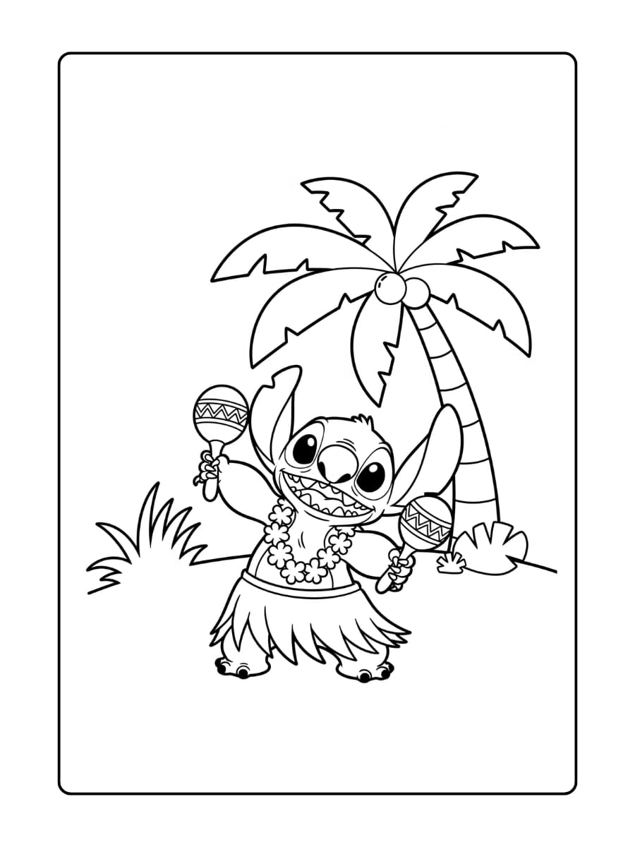 Stitch danst in een hula-rok onder een palmboom met bloemen om zijn nek