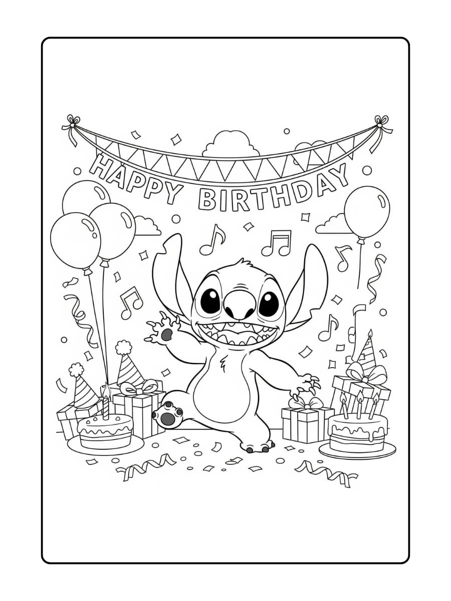 Stitch danst voor een verjaardagsbanner met muzieknoten die vrolijk om hem heen zweven.