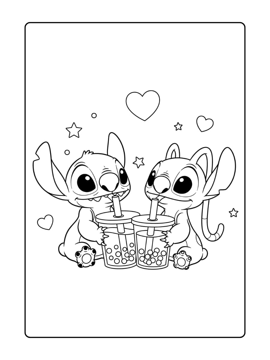 Stitch deelt een boba-thee met Angel.